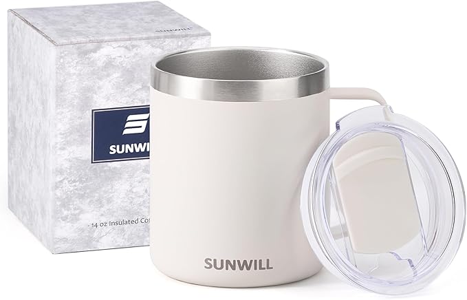 SUNWILL Travel Coffee Mug with Lid, Insulated Tumbler with Handle, 14 oz Stainless Steel Cup for Home, Office, Camping, Powder Coated Cream