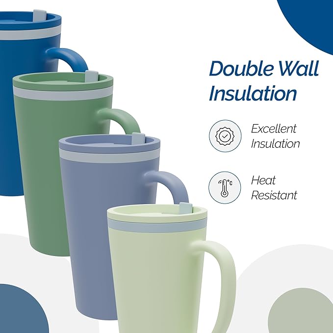 Copco Cone Travel Coffee Mug, 16 oz (Set of 4) - Insulated Drinkware with Spill-Proof Lid and Handle, Microwave & Dishwasher Safe - BPA-Free, Compact for Desk & Cup Holder Friendly (Assorted Colors)