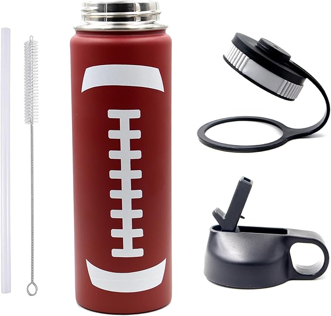 22 oz Football Water Bottle, Metal Thermo Travel Mug Sports Flask with 2 Lids, Stainless Steel Double Wall Vacuum Leak Proof Insulated Water Bottles, Football Accessories Gifts for Mom Men Boys Girls