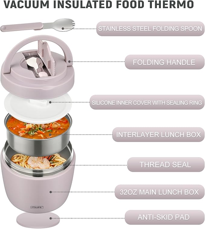Soup Thermo for Hot Food Adults 32OZ Lunch Containers Wide Mouth Hot Food Jar Vacuum Insulated Stainless Steel Bento Box Leakproof with Spoon (Light Purple)