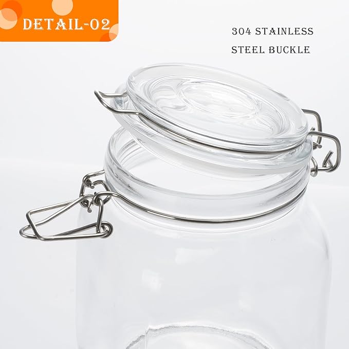 34oz Square Glass Food Storage Jars with Airtight Clamp Lids, 3 Pack Large Kitchen Canisters for Flour, Cereal, Coffee, Pasta and Canning, Mason Jar (Clear 34oz Square - 3 sets)