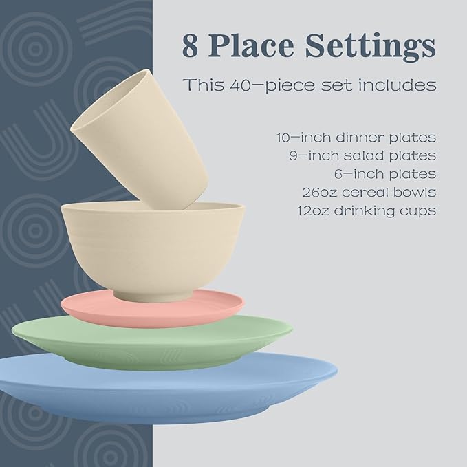 40 PCS Wheat Straw Dinnerware Sets | Service for 8, Unbreakable Plates and Bowls Sets - Dinner Plate, Cereal Bowl, Drinking Cups, Dishwasher & Microwave Safe for Kitchen, Camping,RV - Colorful