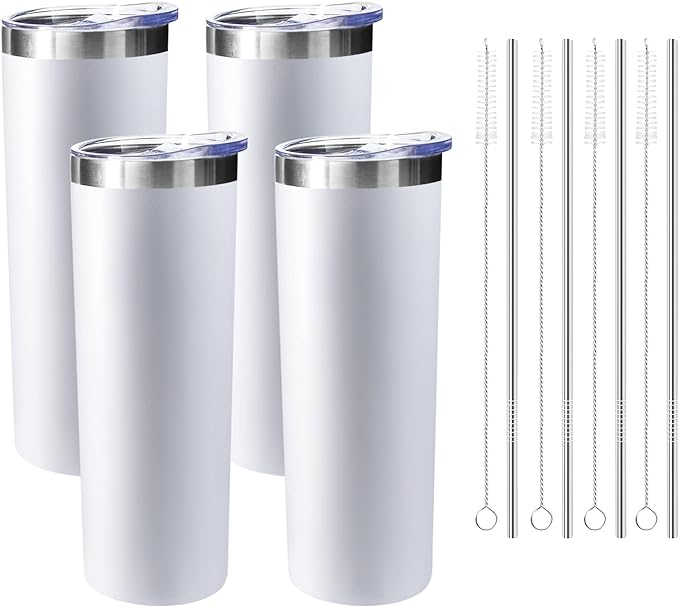 20 oz Skinny Tumblers with Lid and Straw,Stainless Steel Vacuum Insulated Tumbler Cup Double Wall Travel Coffee Mug, Thermal Water Tumbler for Hot and Cold Drinks(White,4)