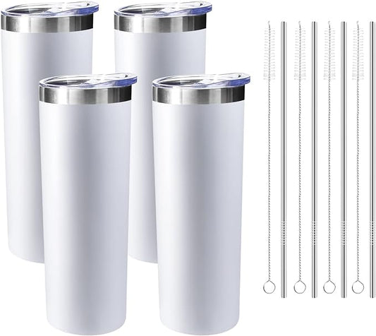 20 oz Skinny Tumblers with Lid and Straw,Stainless Steel Vacuum Insulated Tumbler Cup Double Wall Travel Coffee Mug, Thermal Water Tumbler for Hot and Cold Drinks(White,4)