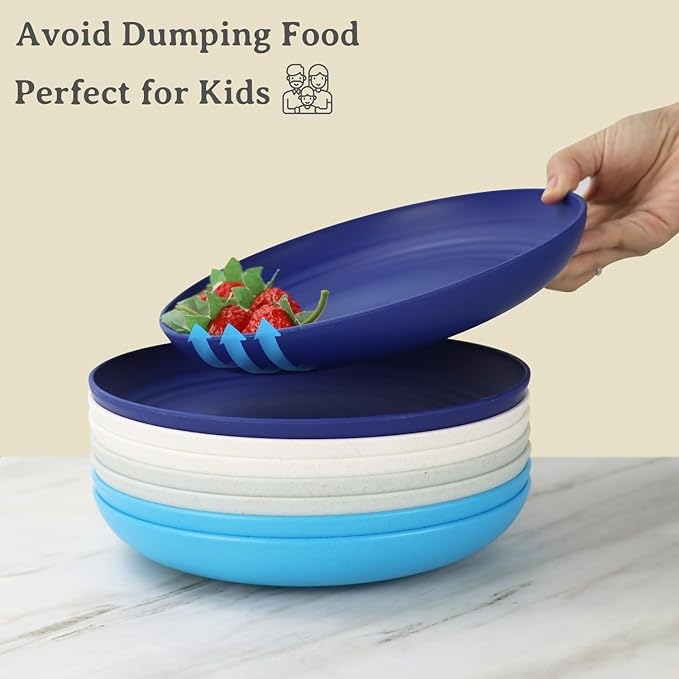 Wrova Wheat Straw Plates - 10 Inch Unbreakable Dinner Plates Set of 8 - Dishwasher & Microwave Safe Plastic Plates Reusable - Plates easy to clean for kitchen,camping.White-Grey-Blue, Island Series