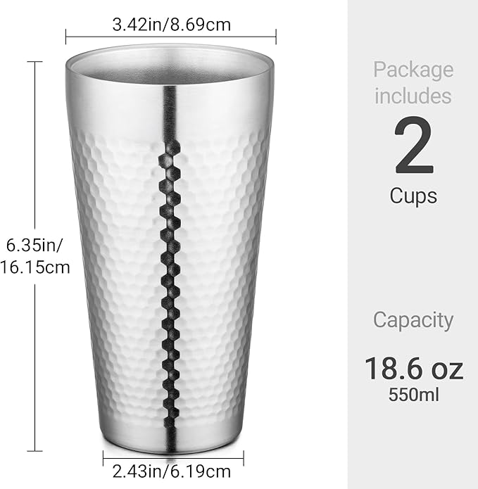 Beasea Stainless Steel Cups 19 oz, 2 Pack Large 18.6oz 550ml Stainless Steel Drinking Cups Water Tumbler Stackable Double Wall Insulated Individual Metal Pint Glasses Tin for Home Party Camping