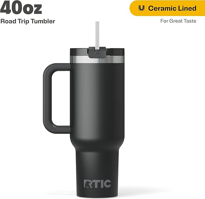 RTIC 40 oz Road Trip Tumbler Double-Walled Cermaic Lined Insulated Stainless Steel Portable Travel Coffee Mug Cup with Lid, Handle and Straw, Black