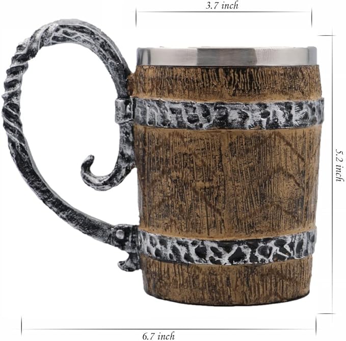 Wooden Barrel Mug Stein Tankard,Stainless Steel Drinking Mug with Handle,Norse Viking Mythology Poetic Gothic Decor Party Decoration Drinkware Gift for Men(Barrel)