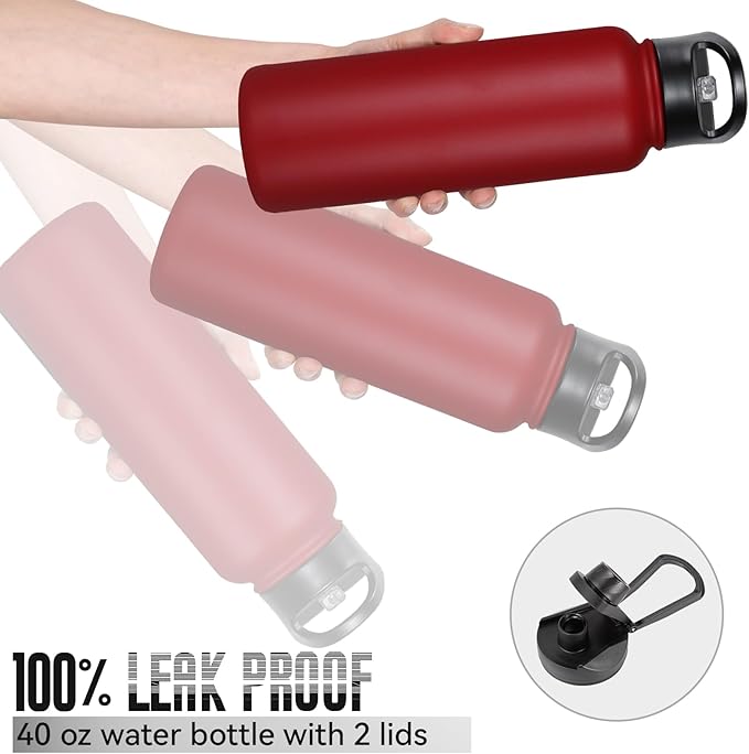 40 oz Insulated Water Bottle with Straw, Stainless Steel Sports Water Bottles with 2 Lids (Straw and Wide Mouth lid), Double Wall Vacuum, Leakproof, BPA-Free, Red
