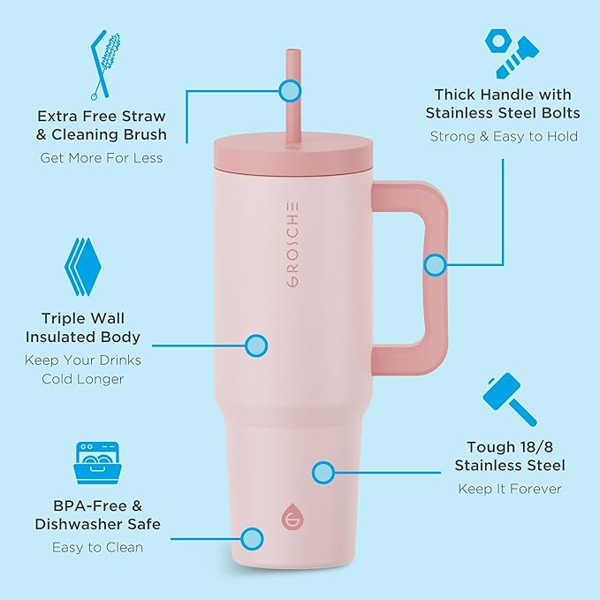 GROSCHE ASPEN 40 oz tumbler with handle and straw. Extreme insulation, classy design, built to last insulated stainless steel tumbler with handle, lid and straw - ROSE PINK
