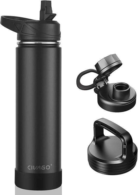 CIVAGO 24 oz Insulated Water Bottle With Straw, Stainless Steel Sports Water Flask Cup with 3 Lids (Straw, Spout and Handle Lid), Double Walled Travel Thermal Canteen Mug, Black