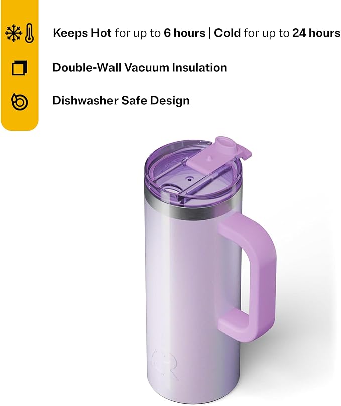 RTIC 20oz Road Trip Travel Mug with Lid and Handle, Ceramic Lined, Insulated, Stainless Steel, Metal, Double Wall Vacuum-Insulation, Portable Coffee, Tea Cup for Hot and Cold Drink, Lavender Glitter