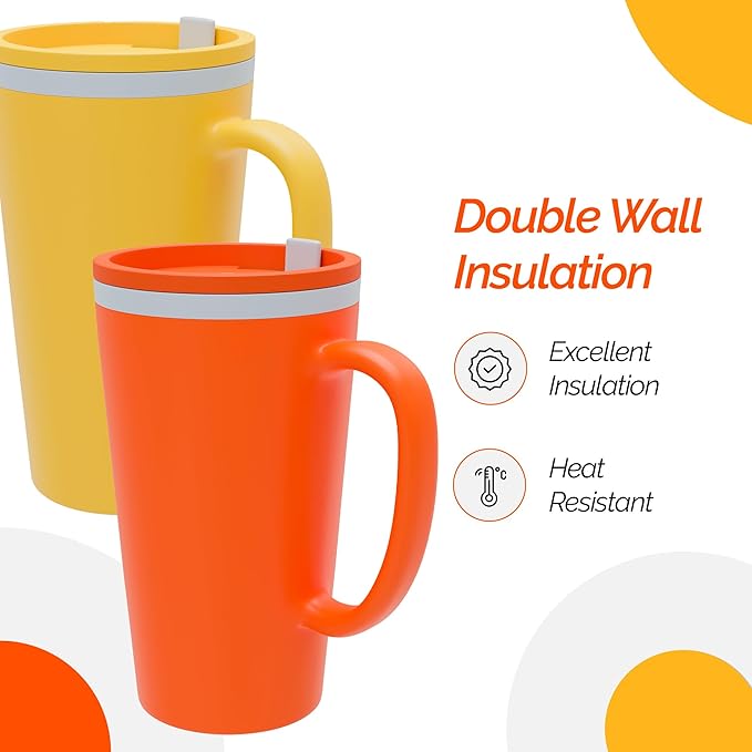 Copco Cone Desk Mug, 16 Ounce (Set of 2) - Double Wall Insulated Mug Set with Lid and Handle, Microwave & Dishwasher Safe, BPA-Free Mug, Desk-Friendly & Car Cup Holder Compatible (Orange/Mustard)
