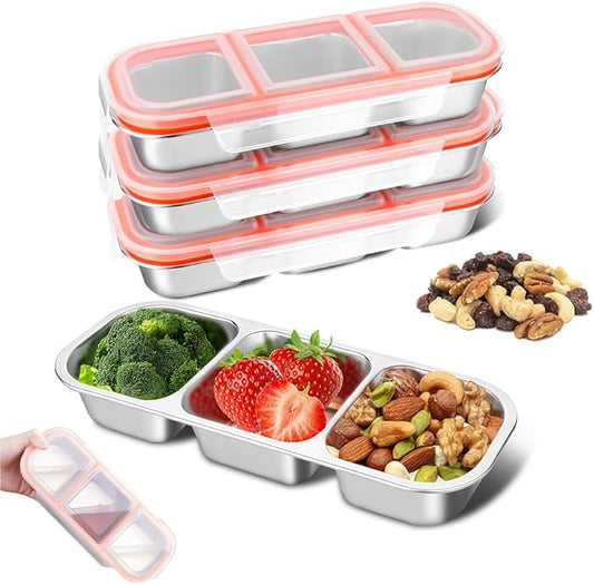 4 Pack Stainless Steel Snack Containers, 2/3 Compartment Metal Lunch Box, Leak Proof Snack Containers with Lids, with Fork and Spoon for School, Work, Travel (4pcs 3 Grids Lunch Box)