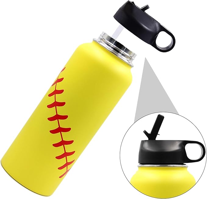 40 oz Softball Water Bottle, Wide Mouth Sports Flask Metal Thermo Travel Mug with 2 Lids, Stainless Steel Double Wall Vacuum Leak Proof Insulated Water Jug, Softball Stuff Gifts for Mom Men Boys Girls