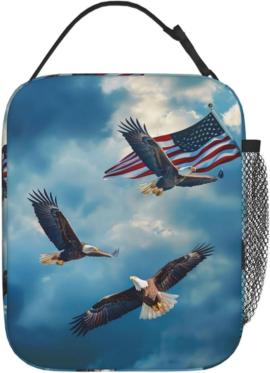 Bald Eagle Print Insulated Lunch Box Gifts for Kids Adults American Flag and Blue Sky Design Reusable Portable Lunchbox Cooler Lunchbag for Work Picnic School Travel or Hiking