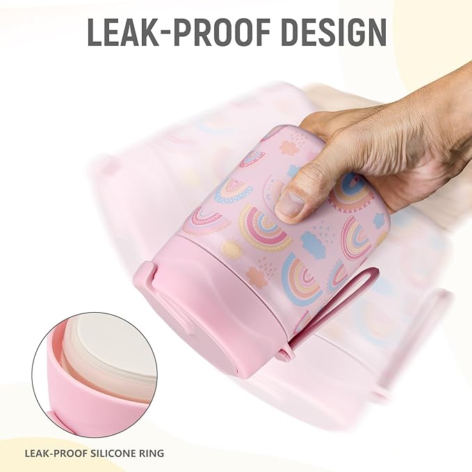 17oz Soup Thermo for Hot Food Kids Insulated Vacuum Food Jar with Stainless Steel Spoon Wide Mouth Thermo Leakproof Lunch Food Container Kids Hot Lunch Box (Pink-Rainbow)