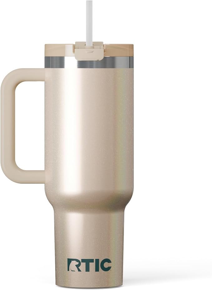 RTIC 40 oz Road Trip Tumbler Double-Walled Cermaic Lined Insulated Stainless Steel Portable Travel Coffee Mug Cup with Lid, Handle and Straw, Beach Glitter