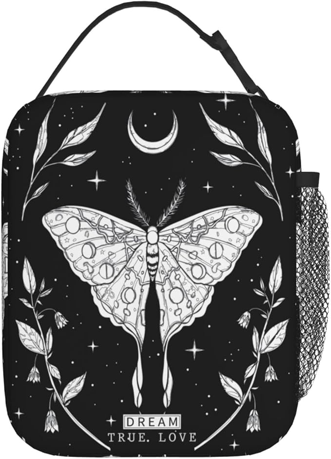 SUPLUCHOM Lunch Box Girl Black White Butterfly Moon Tarot Insulated Bag Reusable with Side Pocket for Work School Picnic Hiking Daytrip Kid Women Over 3 Years Old
