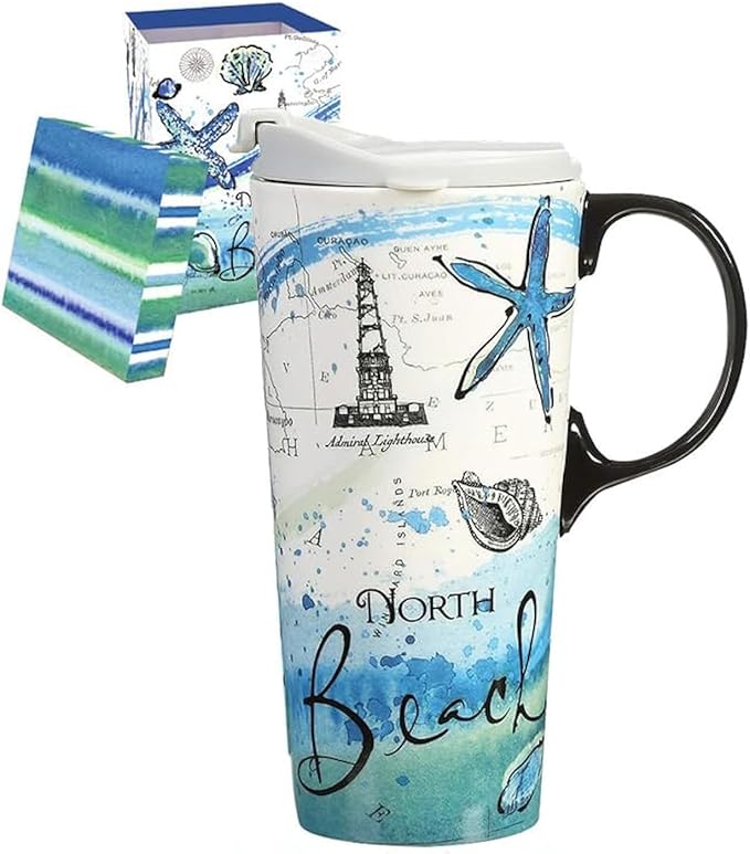 Topadorn Ceramic Mug Porcelain Latte Tea Cup Coffee Mug with Lid and Gift Box, 17oz. North Beach