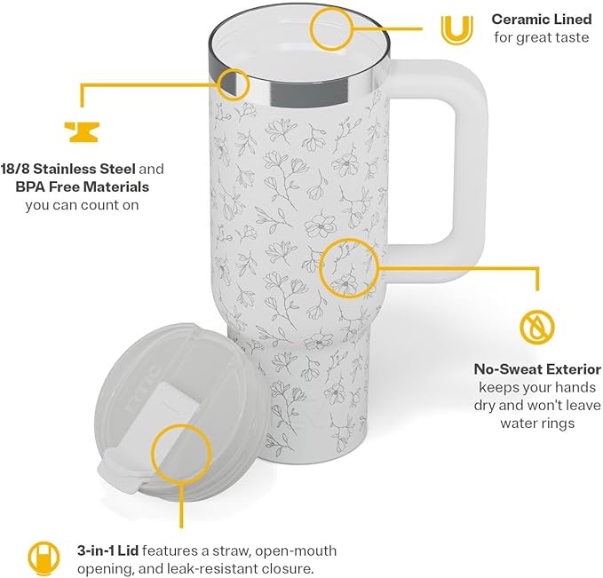 RTIC 30 oz Road Trip Tumbler Double-Walled Ceramic Lined InsulatedStainless Steel Portable Travel Coffee Mug Cup with Lid, Handle and Straw, White Magnolias