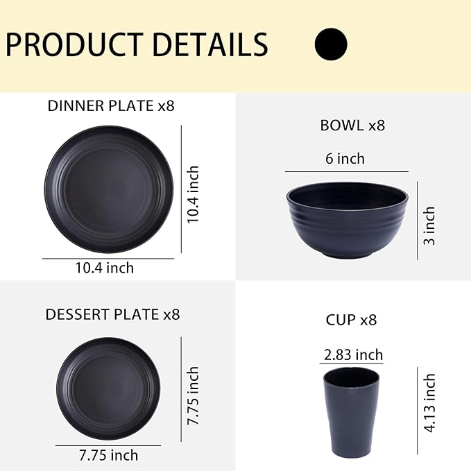 Supernal Wheat Straw Dinnerware Sets,Plates and Bowls Set, Dish Sets for 8, Unbreakable Plate for 8 Dishwasher Safe,Reusable Dinnerware Black-16pcs Plates, 8pcs Bowls, 8pcs Cups.