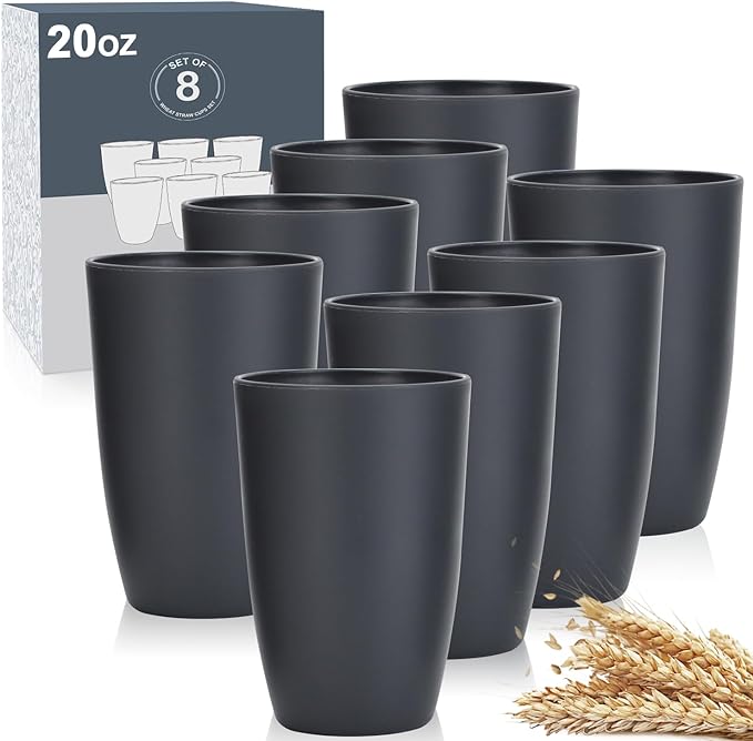 Wheat Straw Cups 8 PCS Good Alternative to Plastic Reusable Cups 20 oz Unbreakable Drinking Cup Reusable Dishwasher Safe Water Plastic Glasses Deep Gray