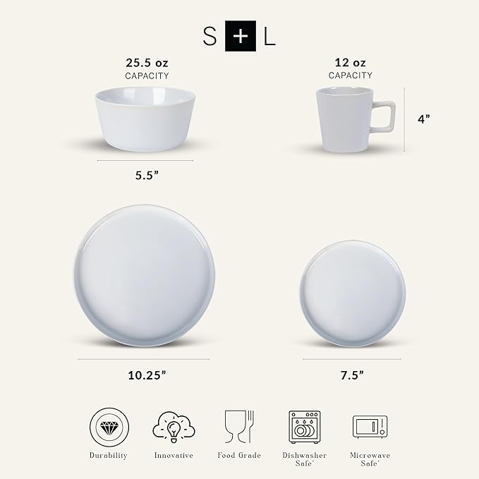 Stone Lain Celina Modern Stoneware 16-Piece Dinnerware Set, Plates and Bowls Set, White Glossy, Dish Set Service For 4