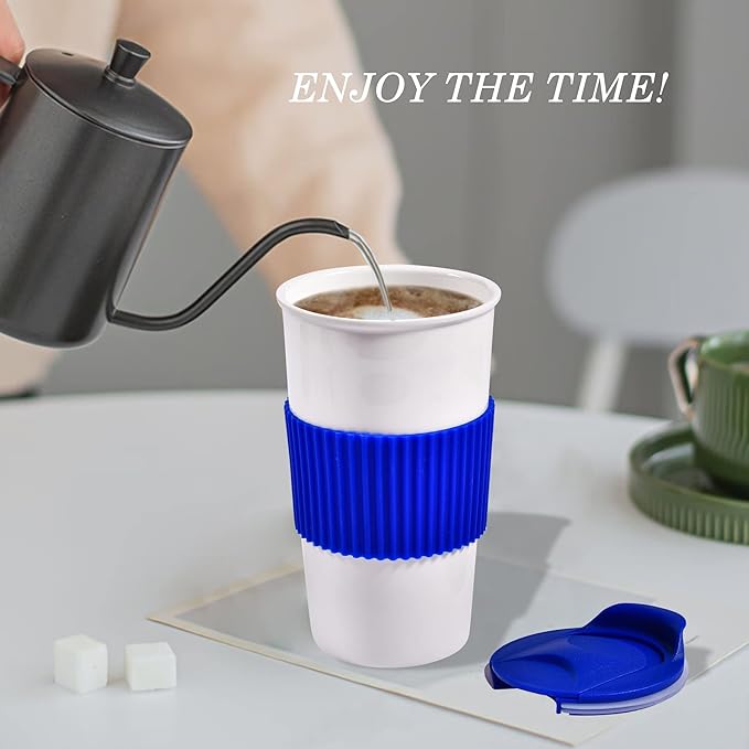 12 oz Travel Coffee Mug, Ceramic Double Wall Insulated Mug No Handle with Splash Resistant Lid & Non-Slip Silicone Sleeve, Travel Must-Have White Coffee Cup, Reusable, Gifts For Women & Men, Blue
