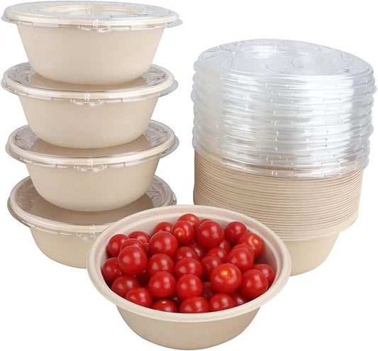 40 oz Disposable salad bowls with lids,Sugarcane Paper Bowls take away food containers Plant Fibers Freezer Safe 25 Pack