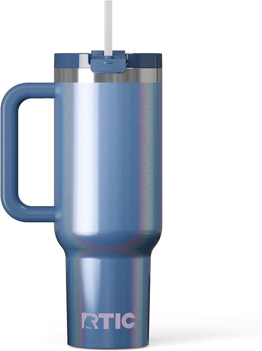 RTIC 40 oz Road Trip Tumbler Double-Walled Cermaic Lined Insulated Stainless Steel Portable Travel Coffee Mug Cup with Lid, Handle and Straw, Pond Glitter