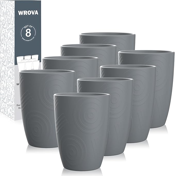 Wheat Straw Cups 8 PCS Good Alternative to Plastic Reusable Cups 12 oz Unbreakable Drinking Cup Reusable Dishwasher Safe Water Plastic Glasses Grey