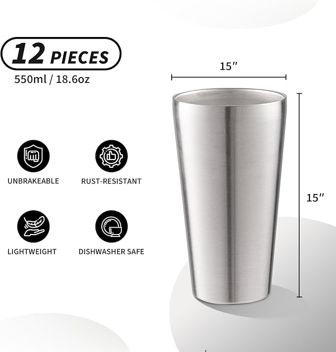 12 Pack 18.6 oz Stainless Steel Insulated Cup, Double Wall Vacuum Metal Cup, Reusable Camping Cups Unbreakable Indoor Outdoor for Party, Home, Office, BBQ, Silver