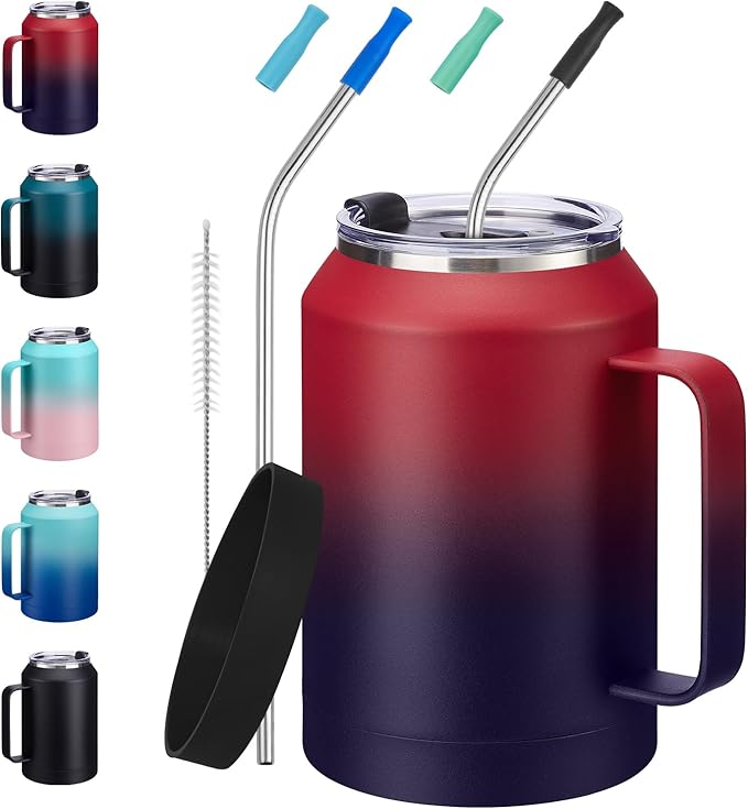 Stainless-Steel Coffee Cup 32 oz Mug Tumbler - with Handle, Straws & Protective Boot, Keep Cold 36hrs & Hot 24hrs, Insulated Tumbler Water Cup, Leak-proof Big Travel Mugs Thermal Flask Water Bottle