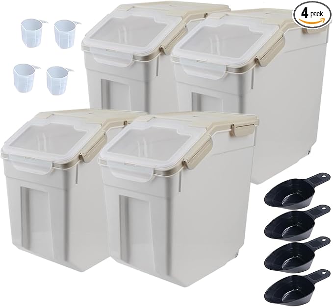 AnRui 25Lbs Airtight Rice Storage Container, Large Flour Storage Containers BPA Free Kitchen Pantry Food Storage Bin Sugar Snack Cereal Grain Organizer Box with Wheel, Scoop, 4Pack, Grey