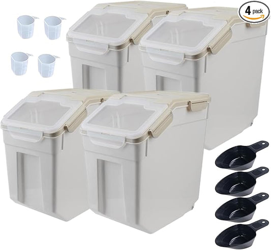 AnRui 25Lbs Airtight Rice Storage Container, Large Flour Storage Containers BPA Free Kitchen Pantry Food Storage Bin Sugar Snack Cereal Grain Organizer Box with Wheel, Scoop, 4Pack, Grey