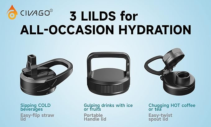 CIVAGO 64 oz Insulated Water Bottle With Straw, Half Gallon Stainless Steel Sports Water Flask Jug with 3 Lids (Straw, Spout and Handle Lid), Large Metal Thermal Cup Mug, Classic Red