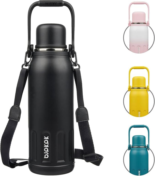 BJPKPK Insulated Water Bottle 50oz Vacuum Insulated Stainless Steel Water Bottles with Handle and Lid Travel Metal Thermal Flask for Outdoor Sports,Black