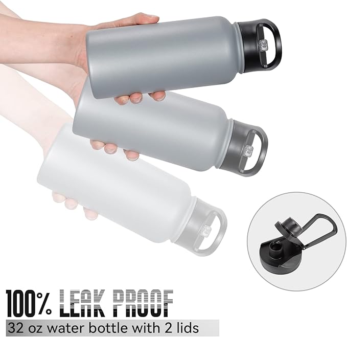 32 oz Insulated Water Bottle Bulk 4 Pack, Stainless Steel Sports Water Bottles with Straw Lid & Wide Mouth Lids, Double Walled Vacuum, Leak Proof, Gray