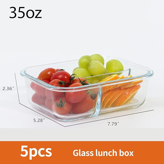 5-Pack Glass Storage Containers,Glass Food Container with Lid,Lunch Box,Bento Box,Storage Box,Meal Prep Containers,Lunch Containers, Fruit Preservation Boxes,Three-partition-White