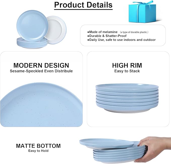 Webbylee Melamine Dessert Plates Set of 6-7.5" Serving Durable Dishes Perfect for Kitchen Outdoor Use,Durable Small Plates for Salad-Blue & Beige