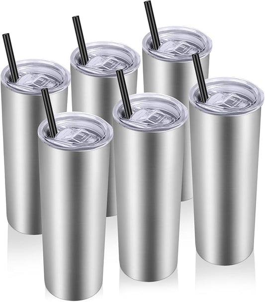 VEGOND Stainless Steel Tumblers Bulk 6 Pack, 20 oz Vacuum Insulated Skinny Tumblers with Lid and Straw, Double Wall Coffee Mug, Travel Water Cup