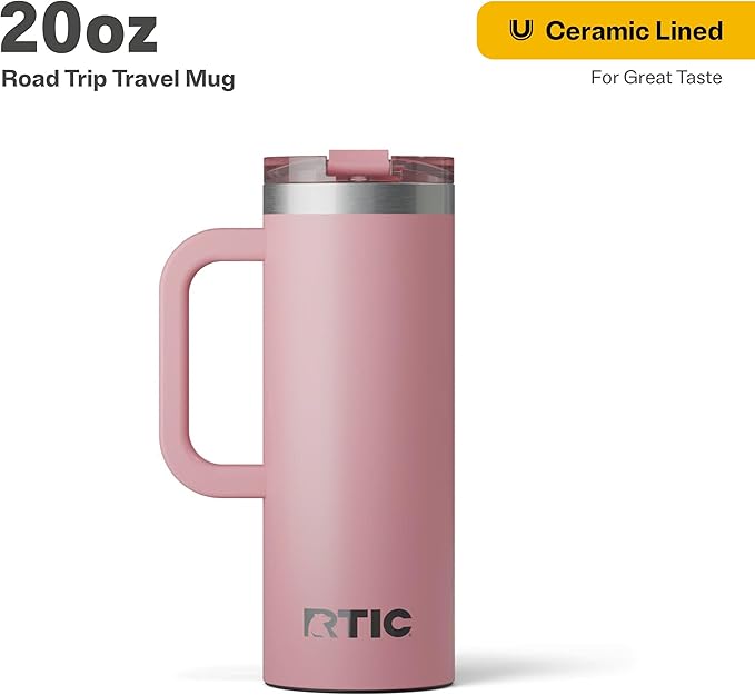 RTIC 20oz Road Trip Travel Mug with Lid and Handle, Ceramic Lined, Insulated, Stainless Steel, Metal, Double Wall Vacuum-Insulation, Portable Coffee, Tea Cup for Hot and Cold Drink, Dusty Rose