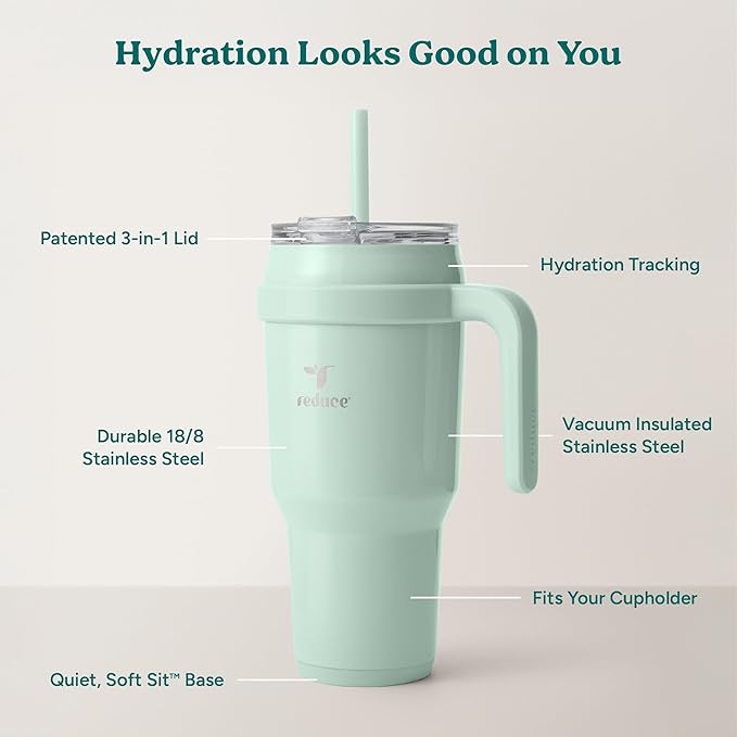 REDUCE Cold1 40 oz Tumbler with Handle - Vacuum Insulated Stainless Steel Water Bottle for Home, Office or Car, Reusable Mug with Straw or Leakproof Flip Lid, Keeps Drinks Cold All Day-Gloss Sea Glass