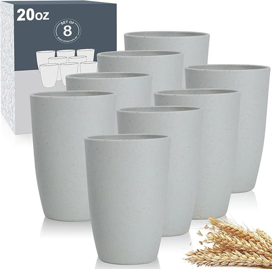 Wheat Straw Cups 8 PCS Good Alternative to Plastic Reusable Cups 20 oz Unbreakable Drinking Cup Reusable Dishwasher Safe Water Plastic Glasses Light Grey