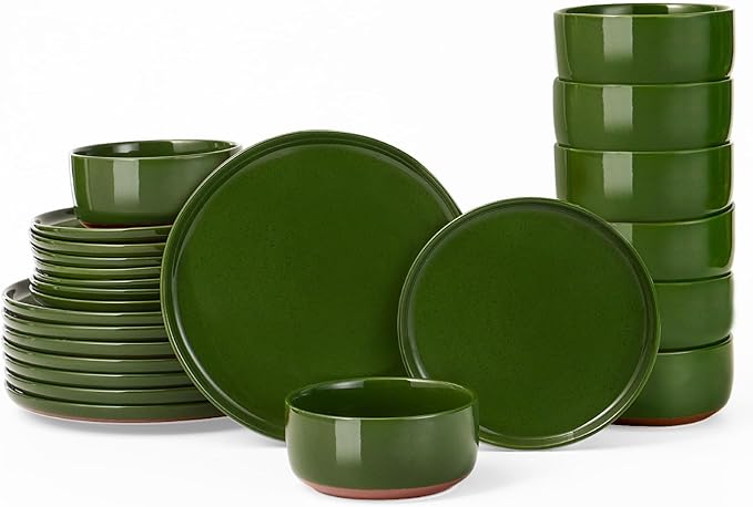 GZG Modern Art Series - 24 Pcs Speckled Stoneware Plates and Bowls Sets, Ceramic Dinnerware Set with Rustic Terracotta Underside, Microwave and Dishwasher Safe Handcrafted Dishes Set - Verdant Green