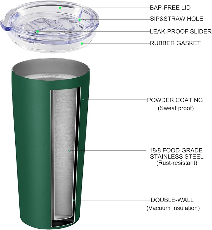 VEGOND 20oz Tumbler Stainless Steel Tumbler with Lid And Straw Vacuum Insulated Double Wall Travel Coffee Mug(dark green package 12)