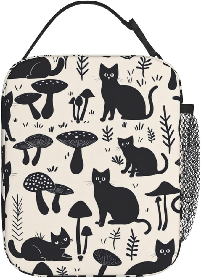 Reusable Mushroom Lunch Box for Kids Girls Boys Women Adult, Insulated Cute Black Cat Lunch Bag,Polyester Cooler Retro Handbags Case for School Picnic Work Travel Beach or Hiking (Beige)
