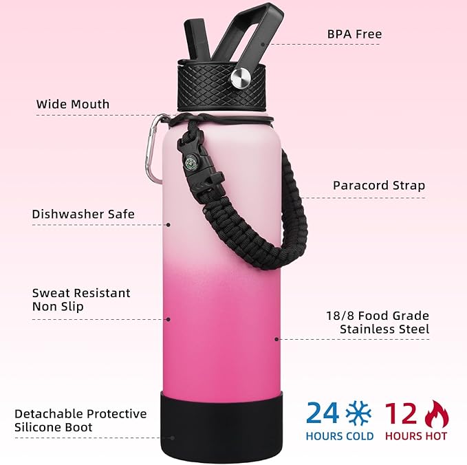 BJPKPK Insulated Water Bottle with Straw Lid, 40oz Large Thermo with 3 Lids, Paracord Handle & Non-slip Boot, BPA Free Leak Proof Stainless Steel Metal Water Bottles, Tumblers, Cups,Cherry