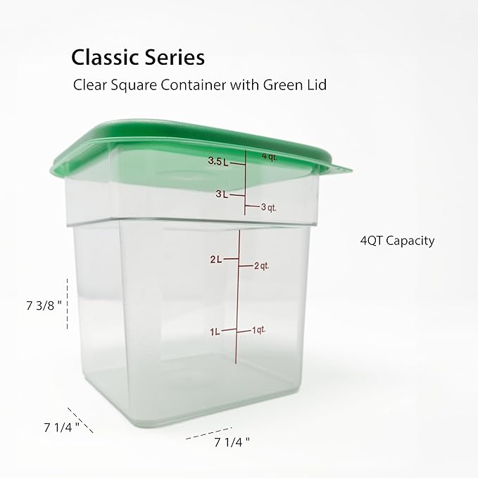 Cambro Food Storage Container with Lid (2 Pack) - Classic Series Square with Green Lid - 4 QT (Quart) - Commercial Grade for Food Prep (Clear)